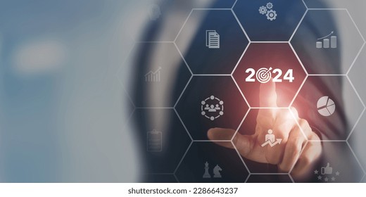 2024 new year goal plan action, Business plan and strategies. Annual plan and development for achieving golas. Goal achievement and success in 2024. Businessman showing 2024 business target icon.