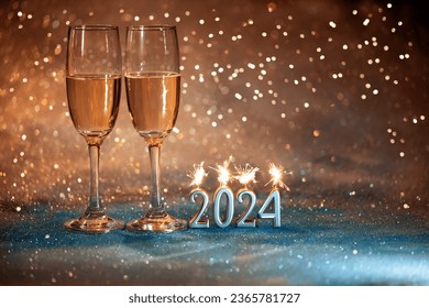 2024 New Year. 2024 happy new year greeting card. Champagne glasses on glitter background, new year
