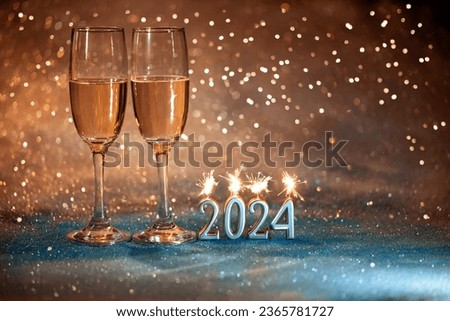 2024 New Year. 2024 happy new year greeting card. Champagne glasses on glitter background, new year