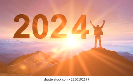 2024. New Year 2024, New Start motivation inspirational quote message. Man meets dawn in mountains for new year 2024. New Start motivation inspirational quote message on silhouette man - Powered by Shutterstock