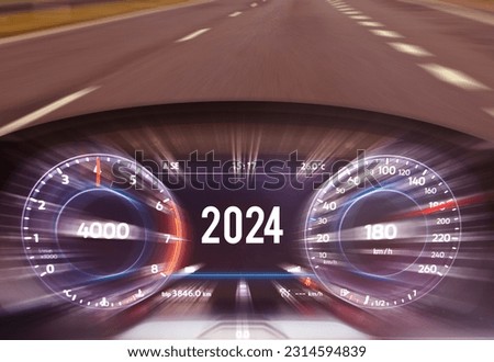 2024 on speedometer of modern car. Fast speed on the speedometer. Road