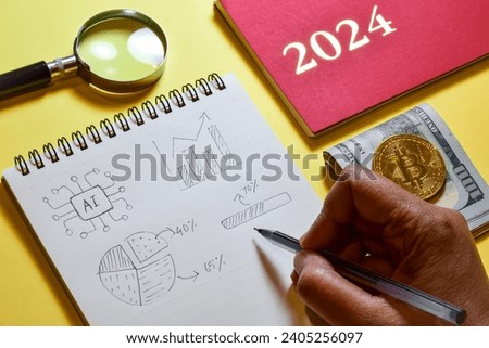 2024 stock market digital currency artificial intelligence growth predictions concept on notepad.