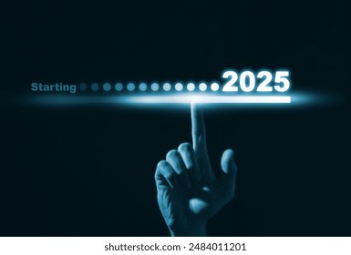 2025 business planning and strategy concept, Hand touching on download bar status to change from 2024 to 2025 for countdown of merry Christmas and happy new year by technology concept, 2025 trend