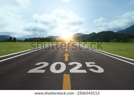 2025 Goal plan action, Business target and growth strategy. New year resolution and challenge. 2025 on the road in the middle of asphalt road with at sunset forward and planning to the goal.