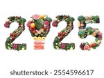 2025 made of fruits and vegetables including a light bulb icon