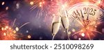 2025 New Year Celebration - Champagne And Clock For Countdown - Toast Cheering With Abstract Defocused Background