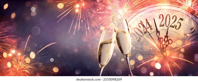 2025 New Year Celebration - Champagne And Clock For Countdown - Toast Cheering With Abstract Defocused Background