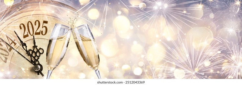 2025 - New Year Celebration With Champagne And Clock - Toast With Flutes - Abstract Defocused Bokeh Lights