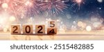 2025 New Year Celebration - Wooden Number Blocks And Fireworks At Eve Night With Abstract Defocused Lights