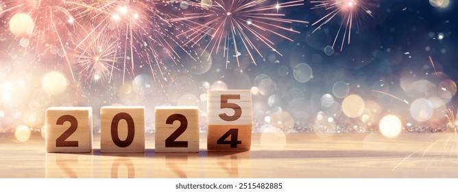 2025 New Year Celebration - Wooden Number Blocks And Fireworks At Eve Night With Abstract Defocused Lights