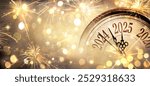 2025 New Year - Clock And Golden Fireworks - Countdown To Midnight  - Abstract Defocused Background