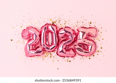 2025 New Year festive concept. Pink air balloons numbers and shiny stars confetti.  - Powered by Shutterstock