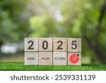 2025 new year goal plan action. Goal achievement. Ambition aiming success. Setup objective target business planning of new year concept. business planning in 2025. Target concept for new year 2025