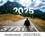 2025 New Year journey and future vision concept . Businessman traveling on highway road leading forward to happy new year celebration in beginning of 2025 for elation and successful start .