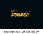 2025 New Year Loading Bar with Gold Confetti on Black Background. Ideal for holiday greetings, year-end reflections, and New Year