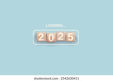 2025 New Year Loading. Loading bar with wooden blocks 2025 on blue background. Start new year 2025 with goal concept, action plan, strategy, new year business vision