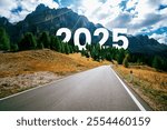 2025 New Year road trip travel and future vision concept . Nature landscape with highway road leading forward to happy new year celebration in the beginning of 2025 for elation and successful start .