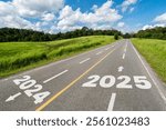 2025 New Year road trip travel and future vision concept . Nature landscape with highway road leading forward to happy new year celebration in the beginning of 2025 for elation and successful start .