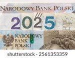 2025 in Polish zlotys.  Poland money, Banknotes arranged in 2025, Concept, financial and economic analysis of the Polish. close up