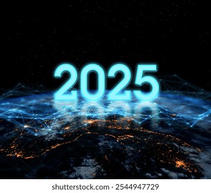 2025 Vision Technology. Global network for the exchange of data on the planet Earth. Blue black ground. Concept for new year 2025.Elements of this image furnished by NASA. - Powered by Shutterstock