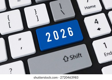 2026 button on computer keyboard. Concept of future planning, upcoming new year and digital business goals.