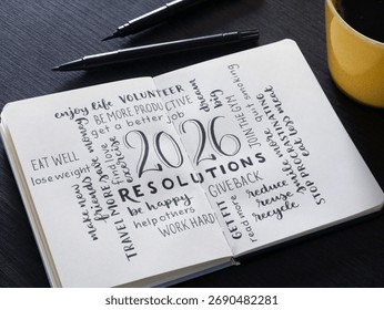 2026 concept sketch notes in notepad with cup of coffee and pens on desk