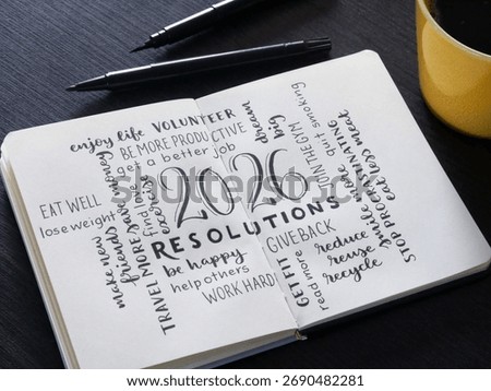 2026 concept sketch notes in notepad with cup of coffee and pens on desk