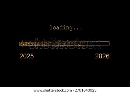 2026 loading, gold glitter progress bar on black background, new year holiday greeting card
