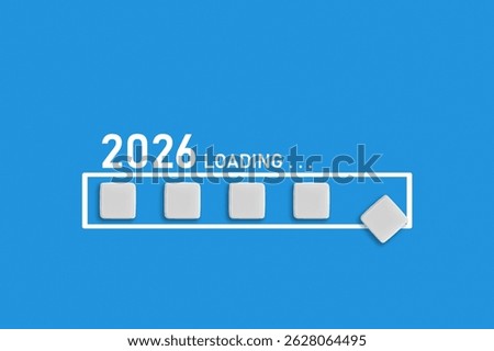 2026 Loading text on light blue backdrop. Ideal for business planning, financial trends, and future economic concepts, close up