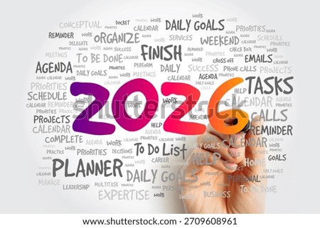 2026 stands amid a cloud of planner and productivity words including agenda, schedule, tasks, organize, daily goals, projects, reminder, and to-do in a hand-written style