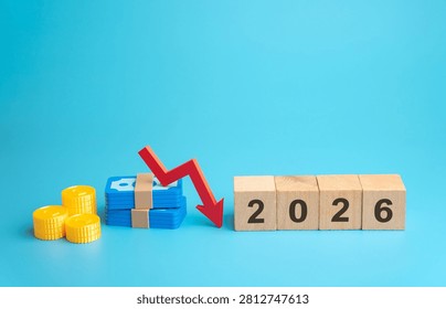2026 year and down arrow. Declining business performance, falling profits, reduced demand, unfavorable investment conditions, economic slowdown, market uncertainty and recession risks
