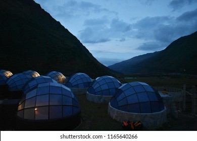 20-April-2018, Salkantay Mountain, Peru, South America. Sky Lodge in Soraypampa Camp, on Salkantay Trek to Machu Picchu. Picture taking at night.


