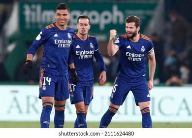 20th January 2022; Estadio Martinez Valero, Elche, Spain; La Liga Football, Elche CF Versus Real Madrid; Carlos Casemiro, Lucas Vazquez And Nacho Fernandez Of Real Madrid