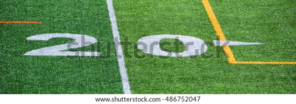 The 20-yard-line of an american football field with\
artificial turf