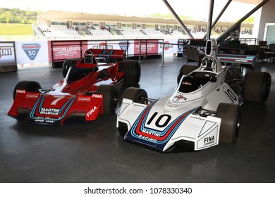 21 April 2018: Historic F1 Cars Brabham BT44 and BT45 sponsorized by Martini Racing exposed at Motor Legend Festival 2018 at Imola Circuit in Italy.