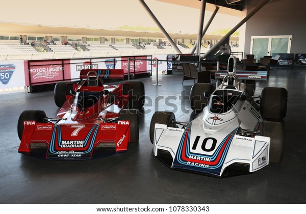 21 April 2018: Historic F1 Cars Brabham\
BT44 and BT45 sponsorized by Martini Racing exposed at Motor Legend\
Festival 2018 at Imola Circuit in\
Italy.