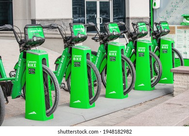 21 February 2021, Dubai, UAE: Parking of electric eco-friendly bicycles for rent by careem and Dubai transport system rta