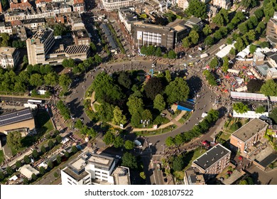 21 July 2017, Nijmegen, Holland. Aerial view of roundabout Keizer Karelplein during the finish of the Four Days Marches, the Vierdaagse. Lots of people on the street and big trees in the center.