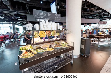 21 July 2019, Vienna, Austria: Fresh Salad Bar Without People At The Grocery Store