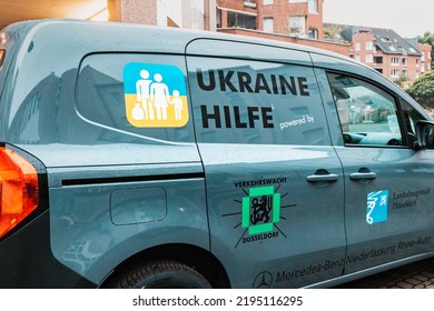 21 July 2022, Dusseldorf, Germany: A Car For Humanitarian Aid To Ukrainian Refugees After The Military Conflict And War. Help And Charity Foundation Concept