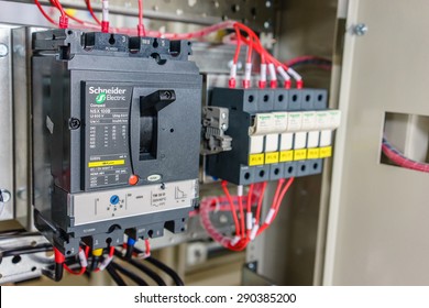 21 June 2015 in Hanoi Vietnam, Branch Schneider electric circuit breakers in a electrical switchboard
