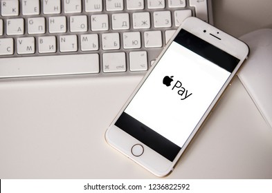 21 November, Kyiv Ukraine: White Iphone On Keyboard With Apple Pay Sign , Close Up 