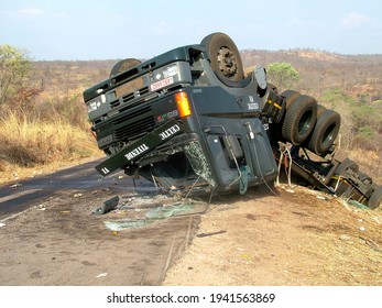 21 October 2006. An Overturned Lorry And Trailer On An Infanous Accident Black Spot On The Road To Livingstone In Zambia, Southern Africa 