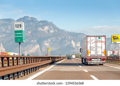 21 OCTOBER 2018, BOLZANO, ITALY: Cargo truck on the mountain road in Italy