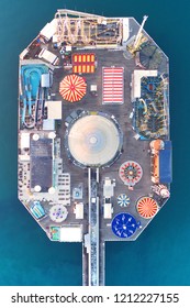 21 October 2018, Brighton Uk: Photo Shows An Empty Theme Park At Brighton Pier From Top View. Photo Shows The Colorful Merry-go-round And Roller Coaster Ride.