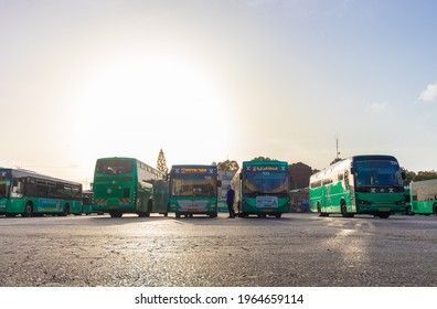 21-04-2021. Hadera-israel. Many Egged Green Buses Are Parked At A Central Station In Hadera