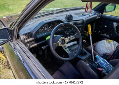 21-05-2021 Riga, Latvia.  Sports Car Interior With Roll Cage And Drift Handbrake Night Photography