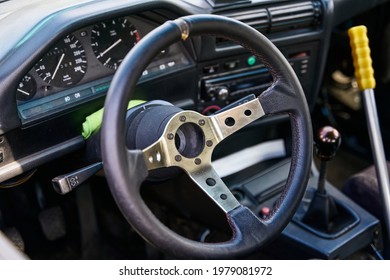 21-05-2021 Riga, Latvia. Sports Car Interior With Roll Cage And Drift Handbrake Night Photography