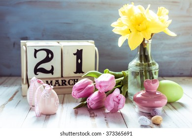 21st March First Day Of Spring, Decoration On Wooden Table