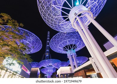 22 February 2021, Dubai, UAE: Popular Dubai Tourist Attraction - Alley Of Glowing Metal Decotative Super Trees On Blue Waters Island. Great Spot For Instagram Photo